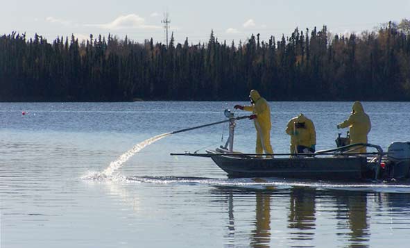 applying retenone from a boat